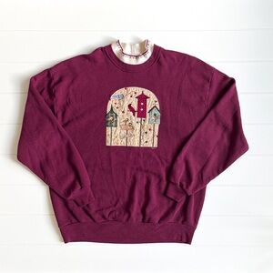 Vintage Women’s Burgundy Sweater with Quilted Bird Design